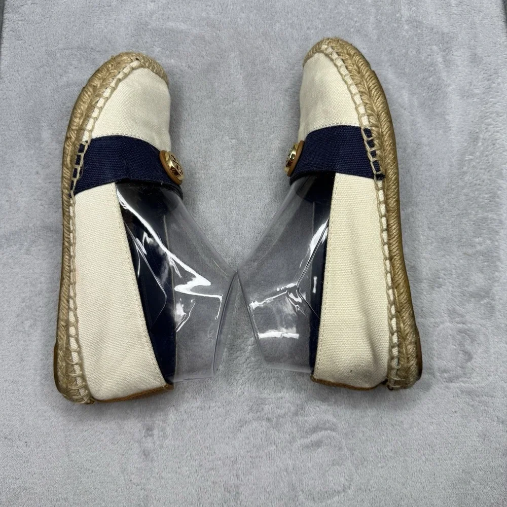 Tory Burch Beacher Espadrille Flats Ivory Navy Gold Logo Women's Size 7M